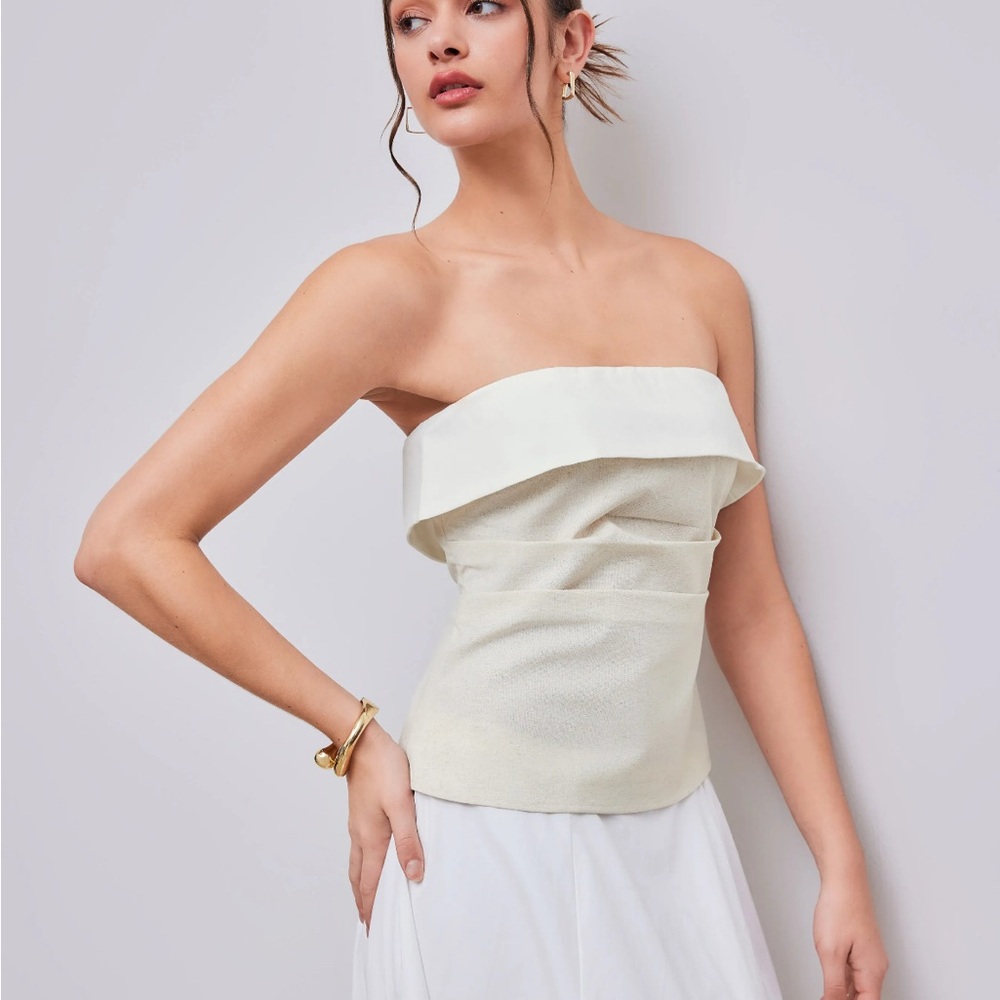 Beige and White Linen Blend Ruched Tube Top NWT